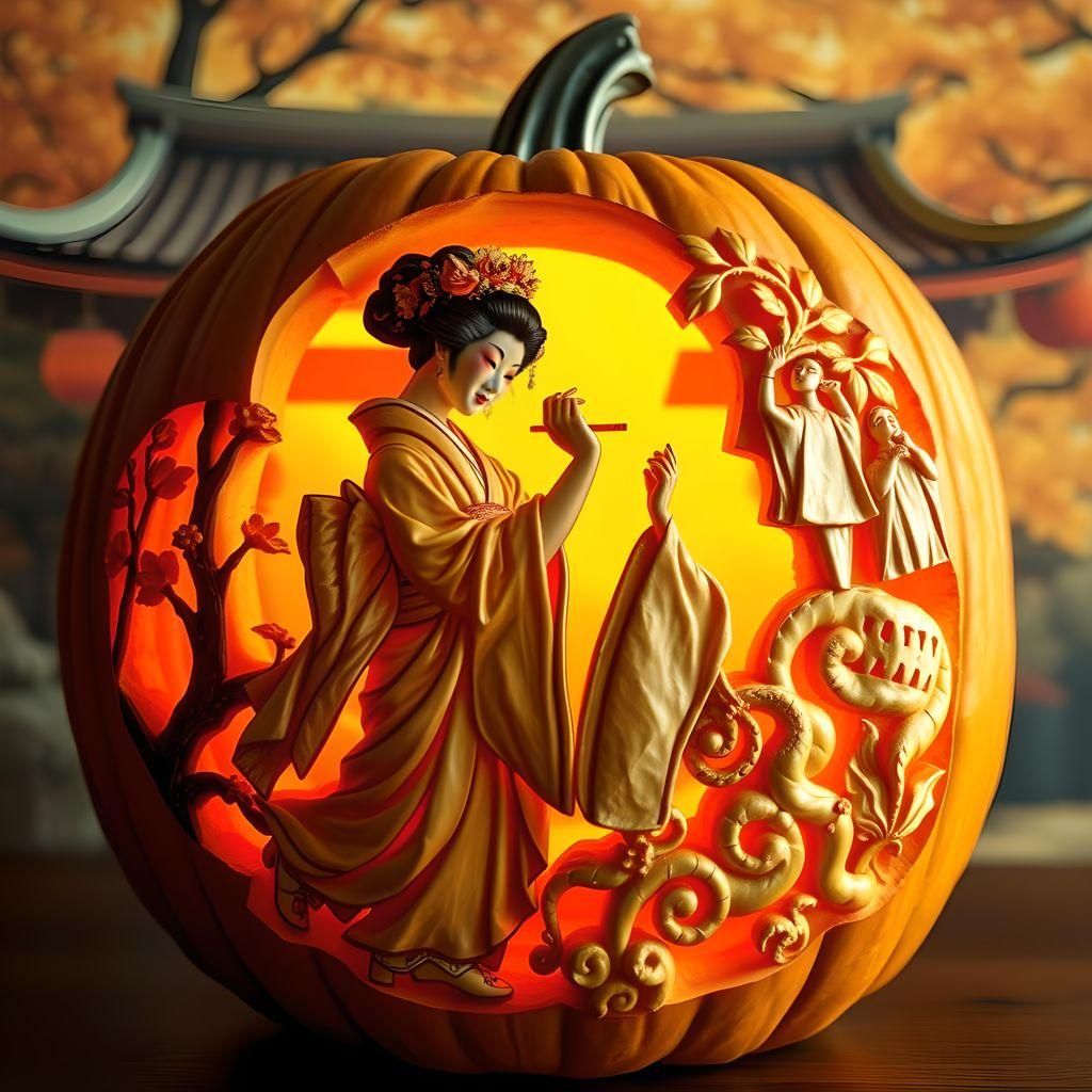 Geishas Dancing in Hyperrealistic Jack-o'-Lantern