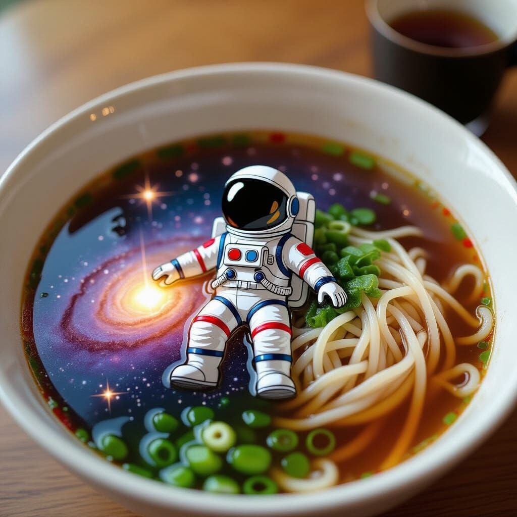 Galaxy Ramen Bowl with Astronaut Noodles and Shimmering Star...