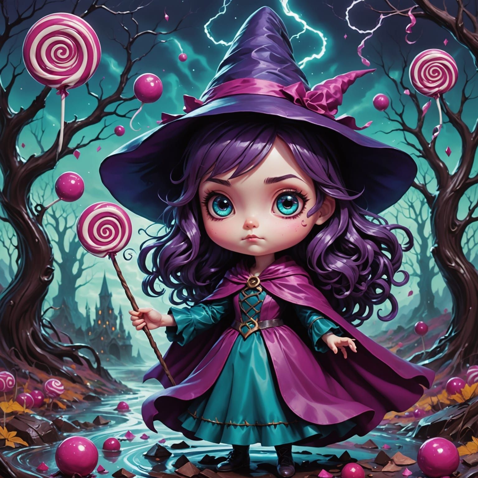Chibi Witch Conjures Candy Storm in Surreal Landscape