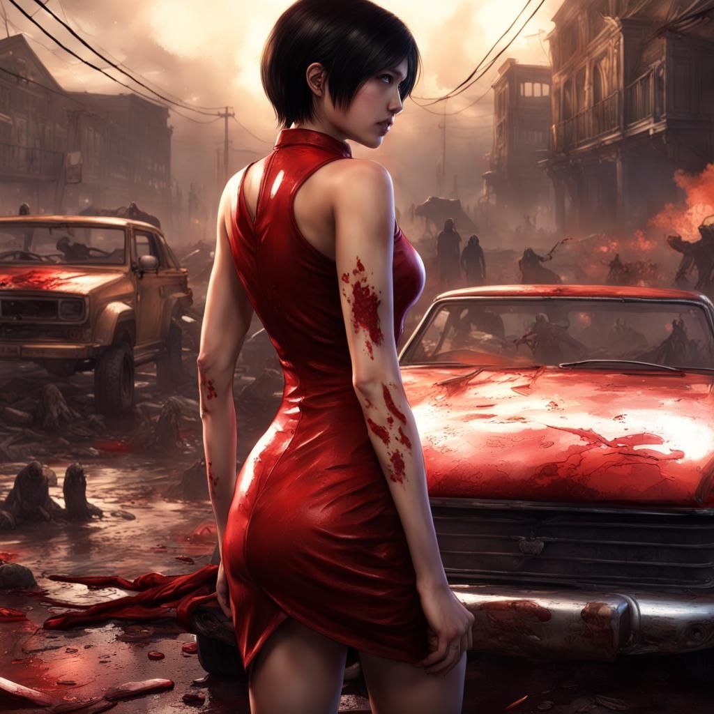 Woman in Red Dress with Burning Car and Zombies