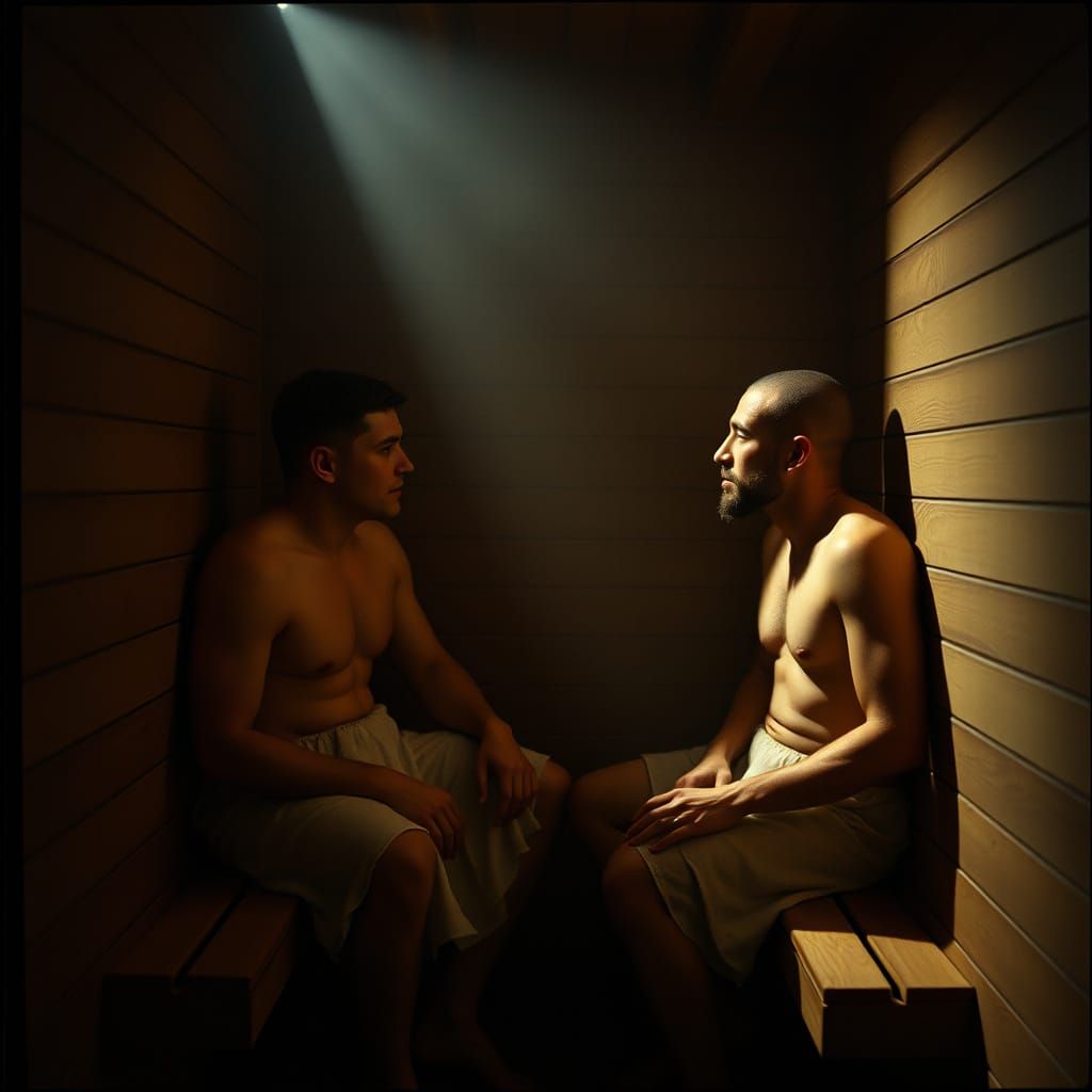 Tense Sauna Encounter in Cinematic Lighting