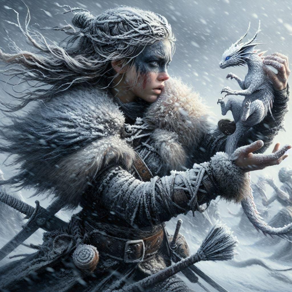 Viking Woman with Dragon in Snowstorm: Digital Matte Paintin...