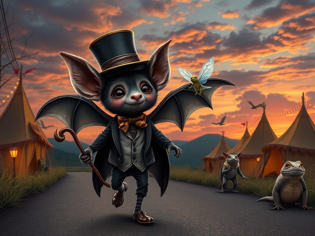 Steampunk Bat in Top Hat and Tails Takes a Leisurely Stroll