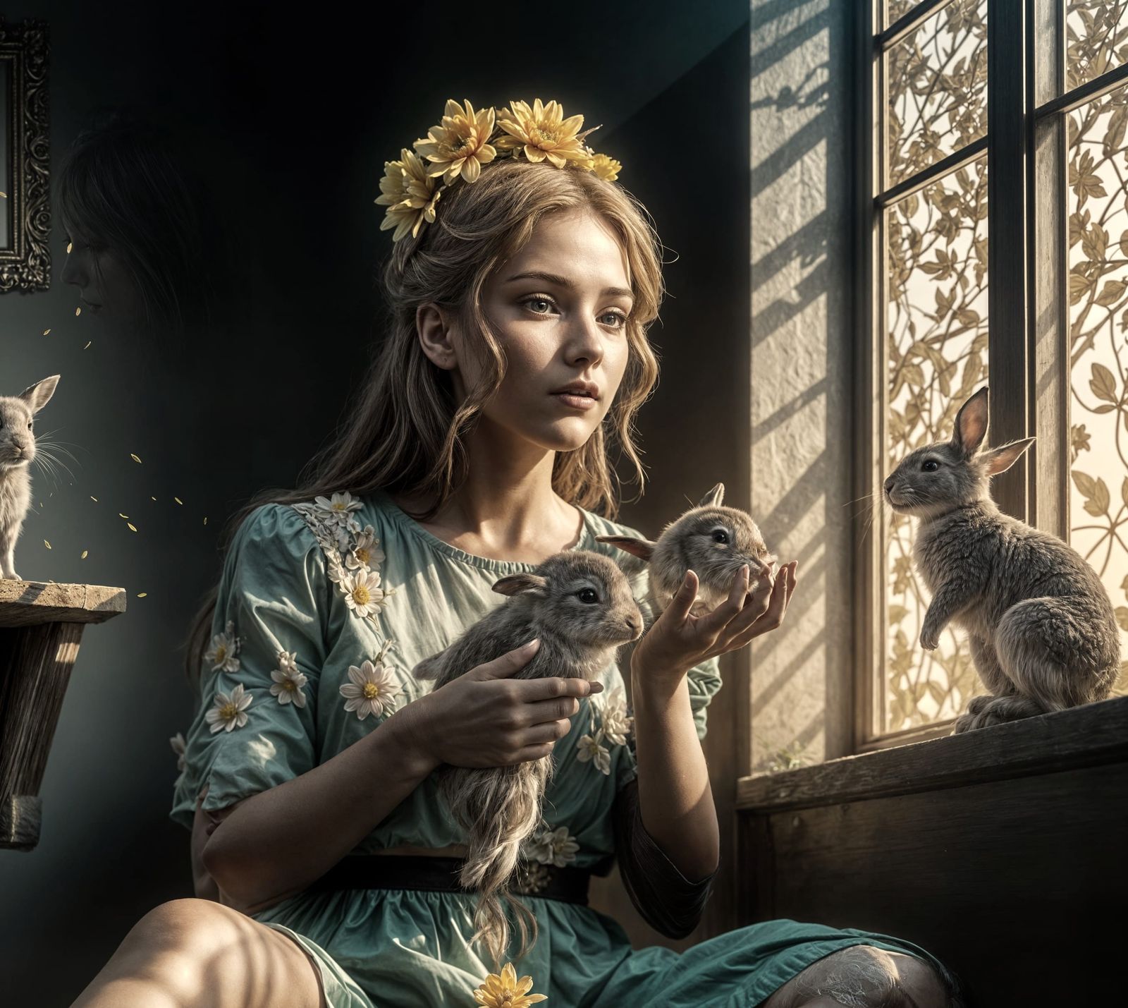 Surreal Woman with Rabbits and Flowers, Ethereal Lighting