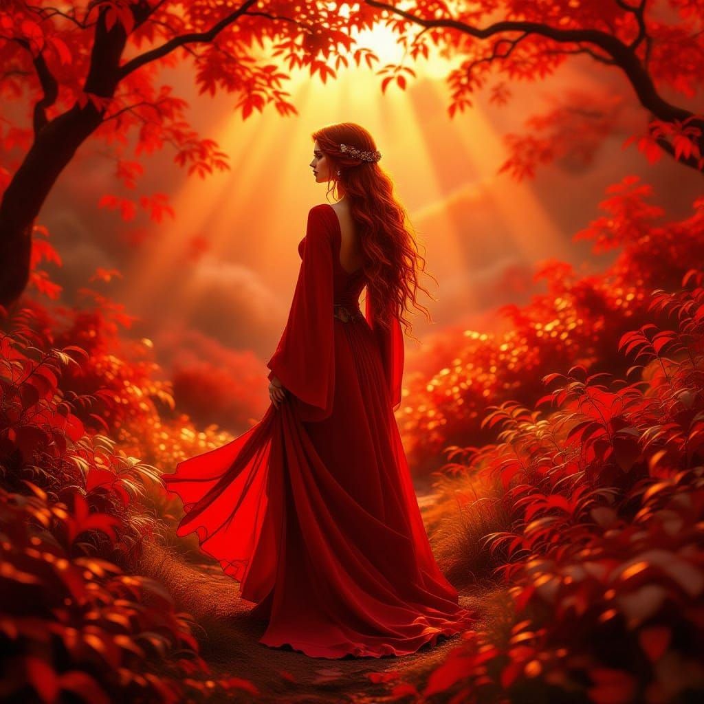 Red-Hued Woman in Romantic Natural Landscape