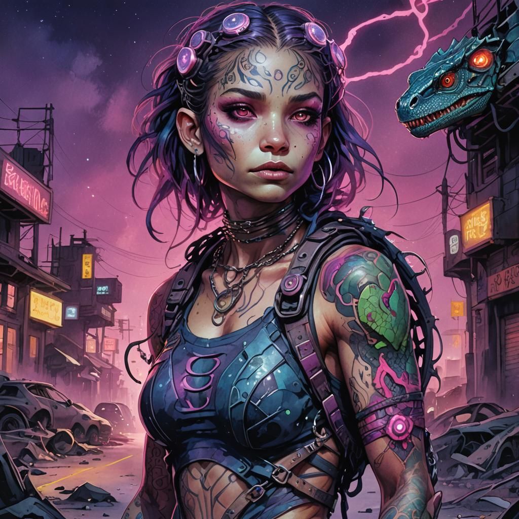 Post-Apocalyptic Lizard Girl in Watercolor Neon Art