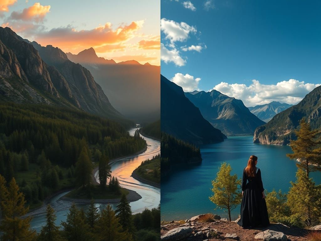 Ethereal Landscape Diptych with Majestic Mountains and Myste...