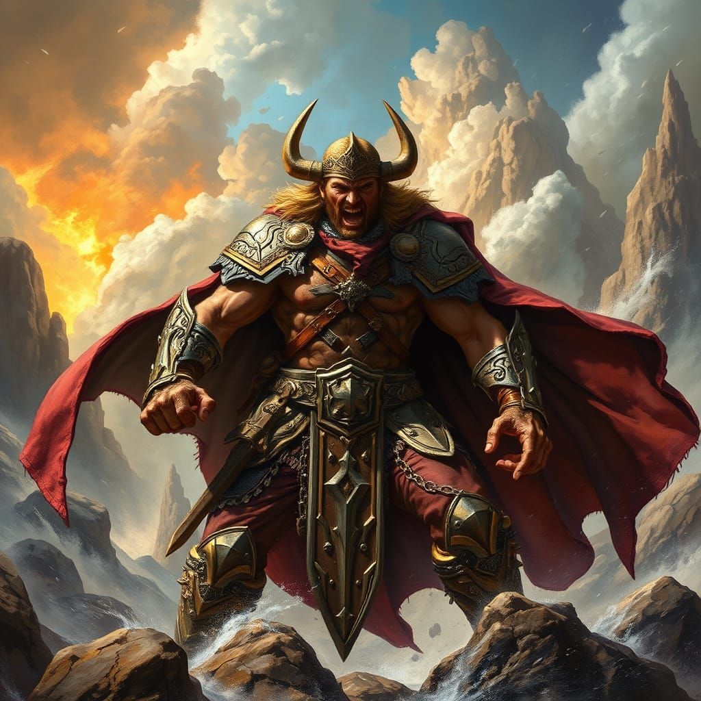 Fierce Warrior Amidst Storm in High Fantasy Style