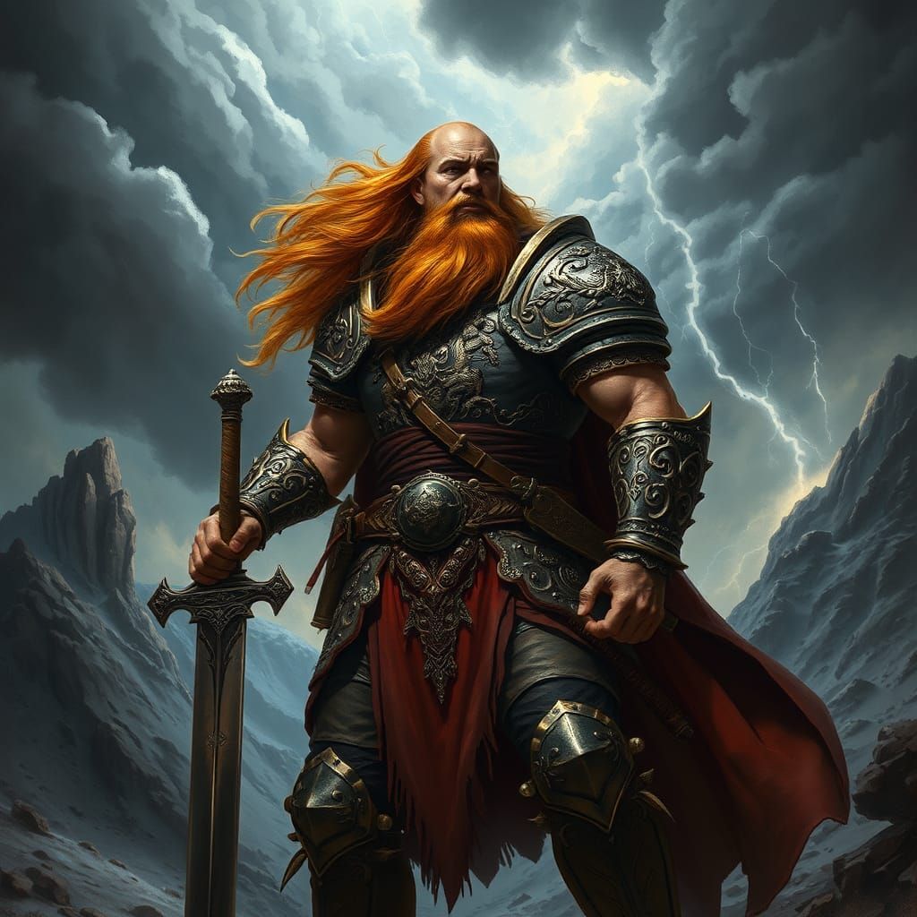 Heroic Armored Warrior in Stormy Fantasy Landscape