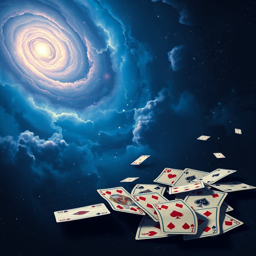 Vintage Playing Cards Floating in Cosmic Nebula