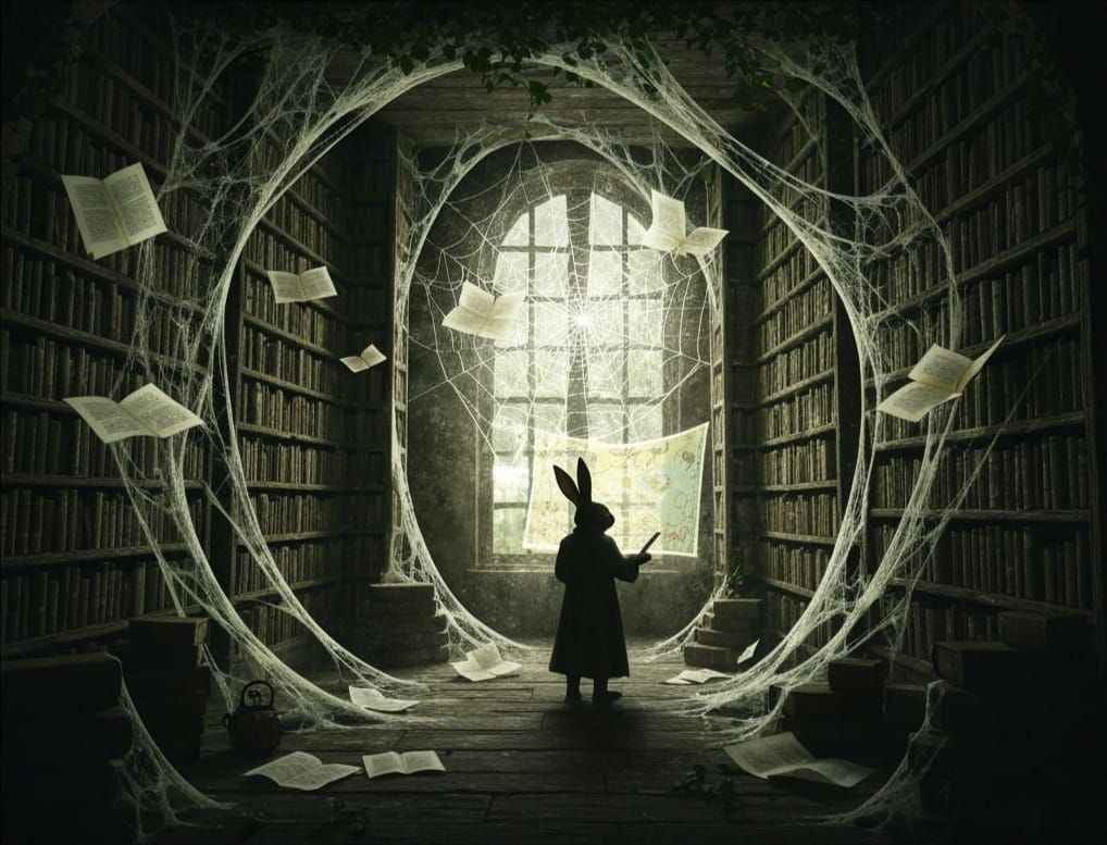 Rabbit Scholar in Luminous Spider Silk Library