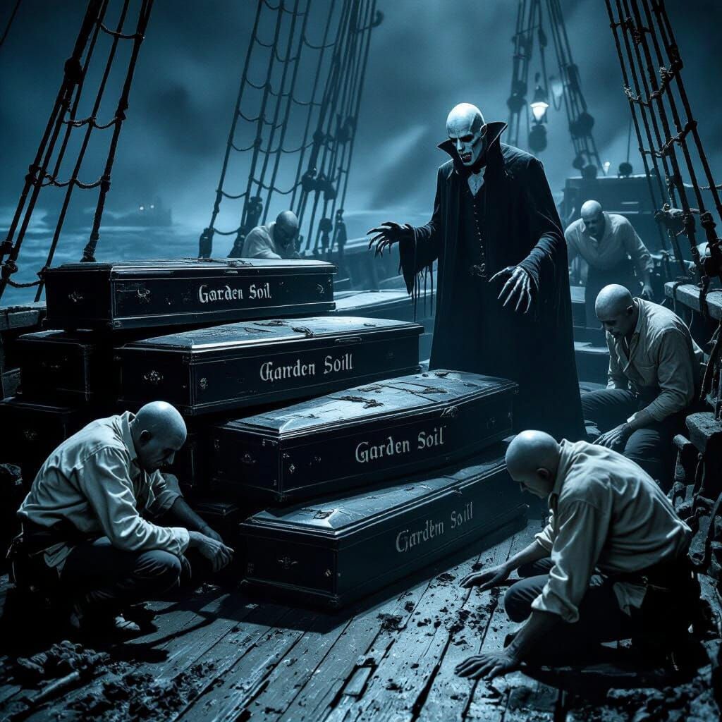 Gothic Vampire Watches Sailors Haul Coffins on Old Ship