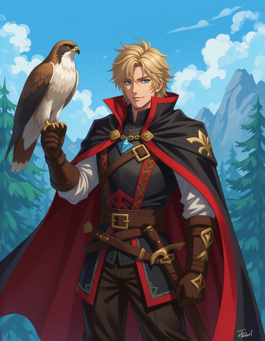 Medieval Man with Hawk in Anime Style