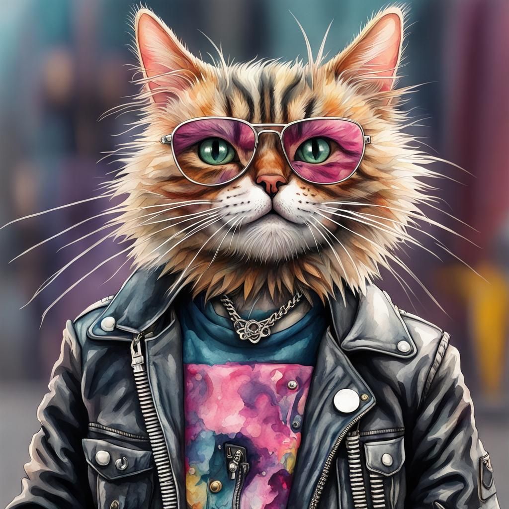 Punk Cat in Watercolor Art Style