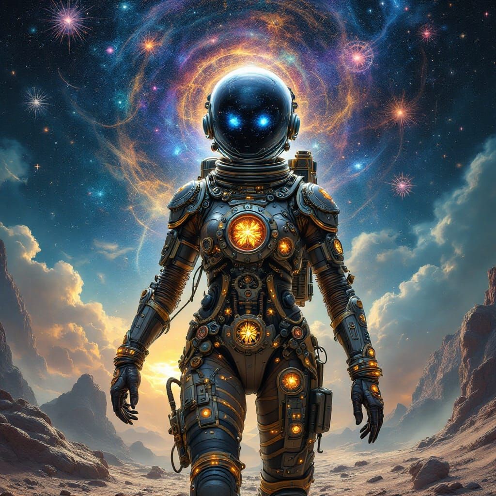 Steampunk Astronaut on Alien Planet in Dark Fantasy Style