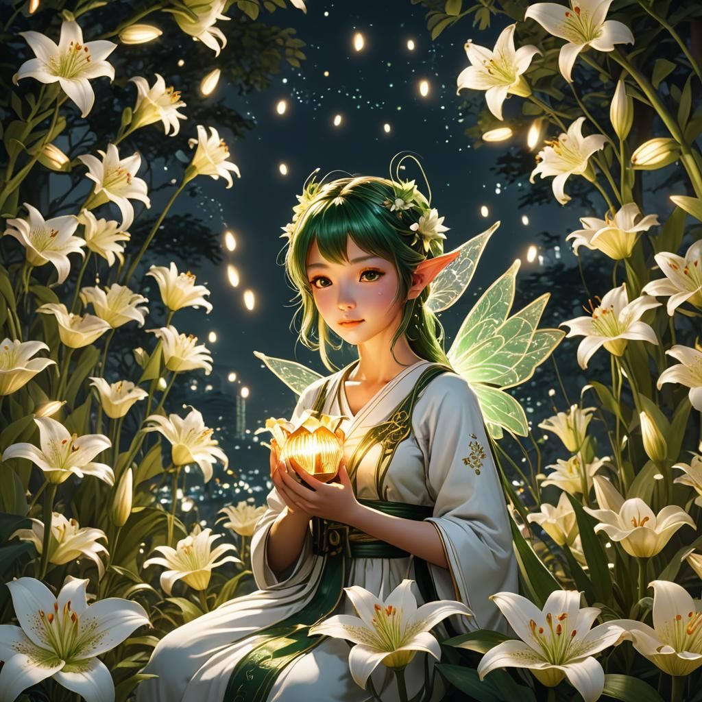 A serene pixie with white and green attire, illuminating the night with magical lanterns or fairy lights among elegant l...