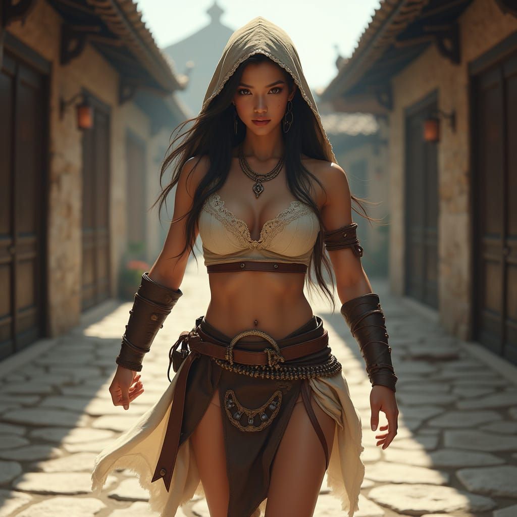 Strong Asian Warrior Strides Through Ancient City