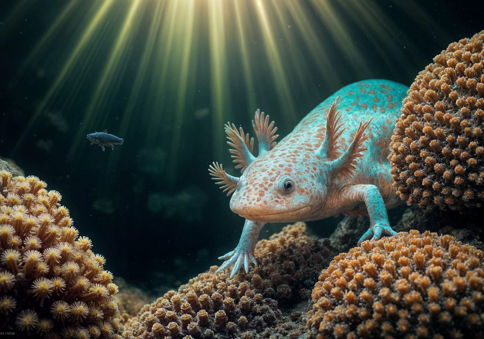 Vibrant Axolotl Emerges from Coral in Radiant Light