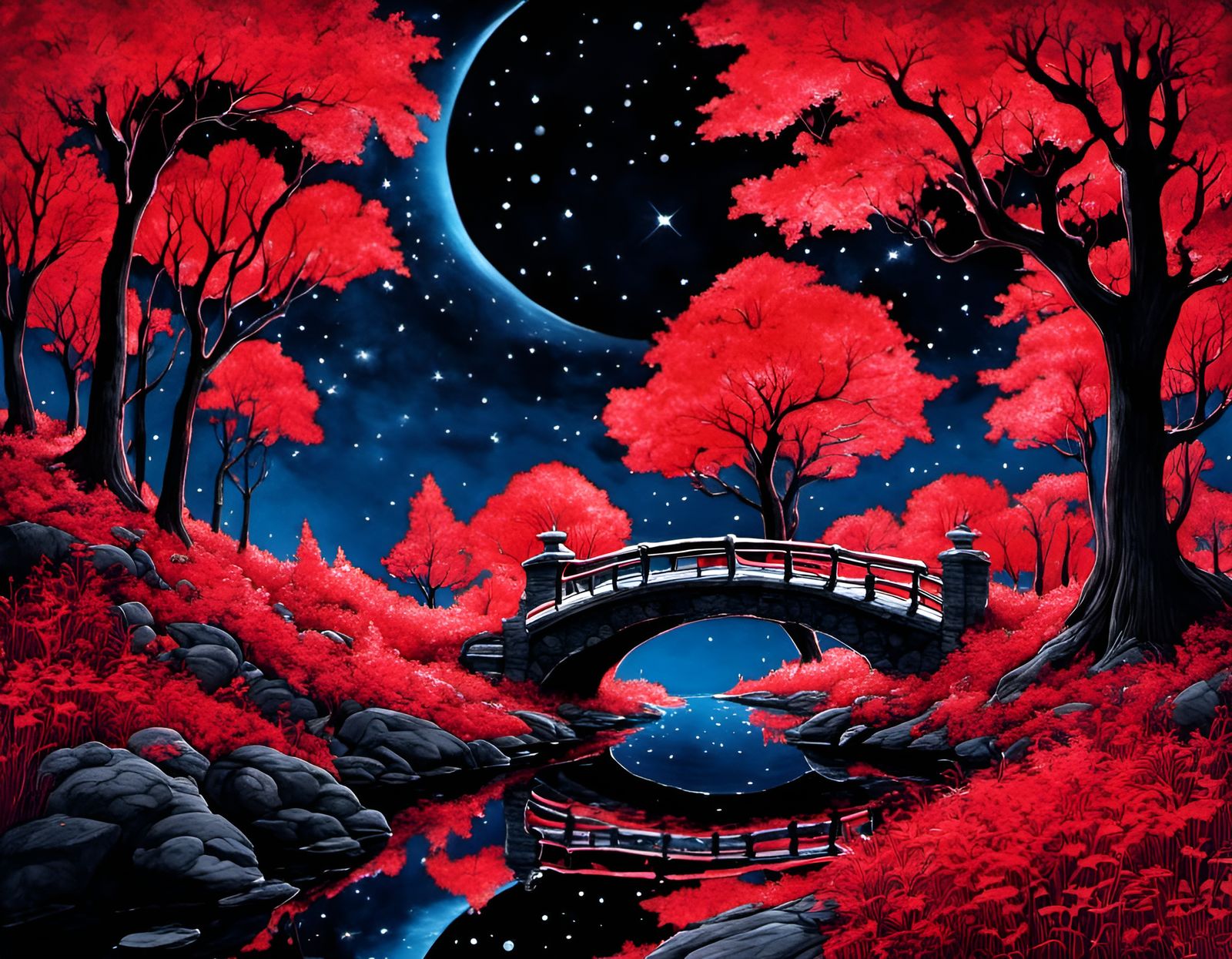 <lora:Autumn Winter:1.0> bridge, path through Whimsical Red ...