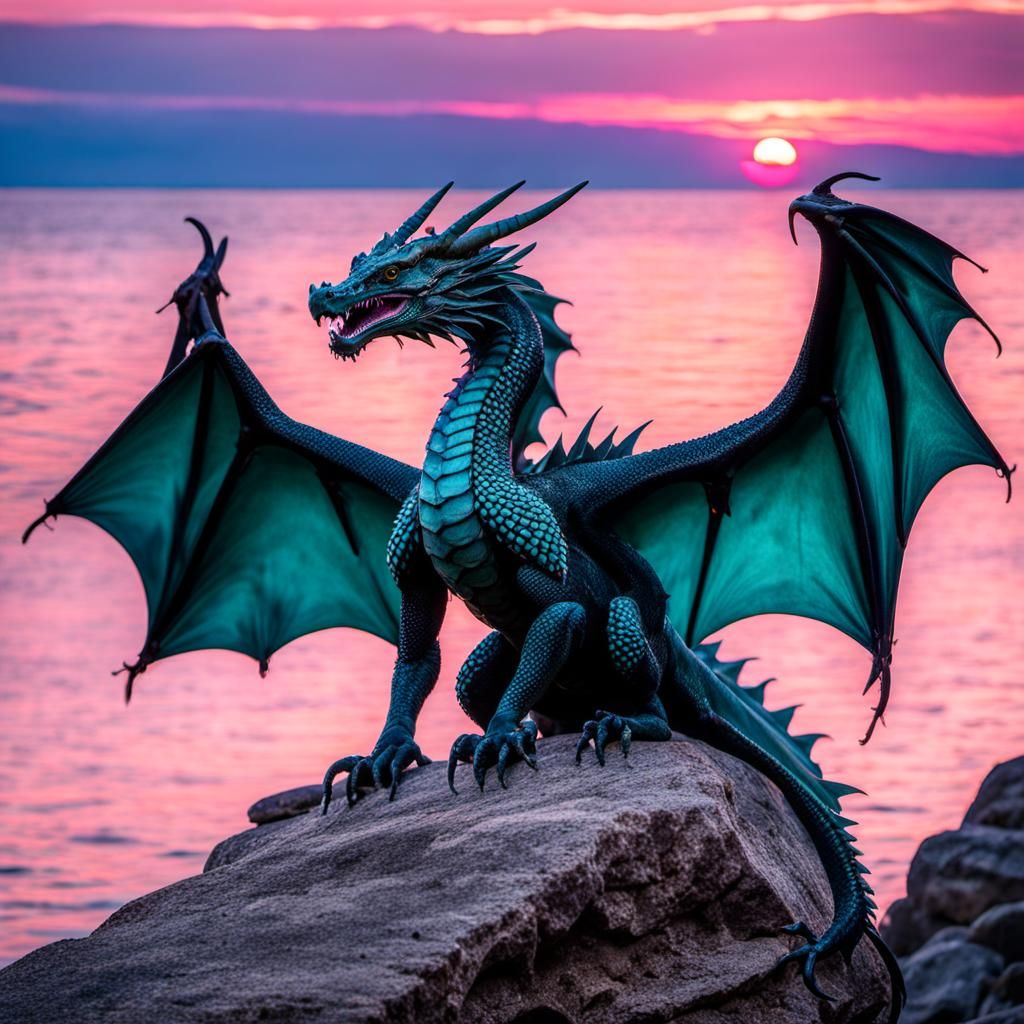 Dragon Perched on Rock at Baltic Sea Sunset