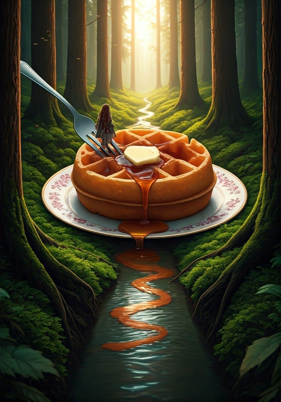 Giant Waffle River in Lush Forest, Photorealistic Art