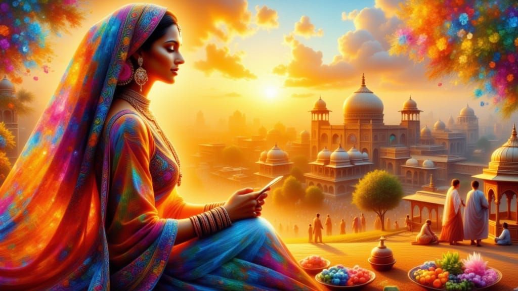 Radiant Indian Woman in Golden Light, Impasto Style