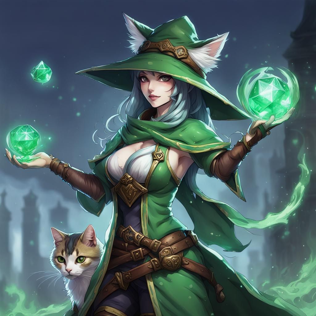 Neko Summoner Green Mage Healer in Fantasy Art