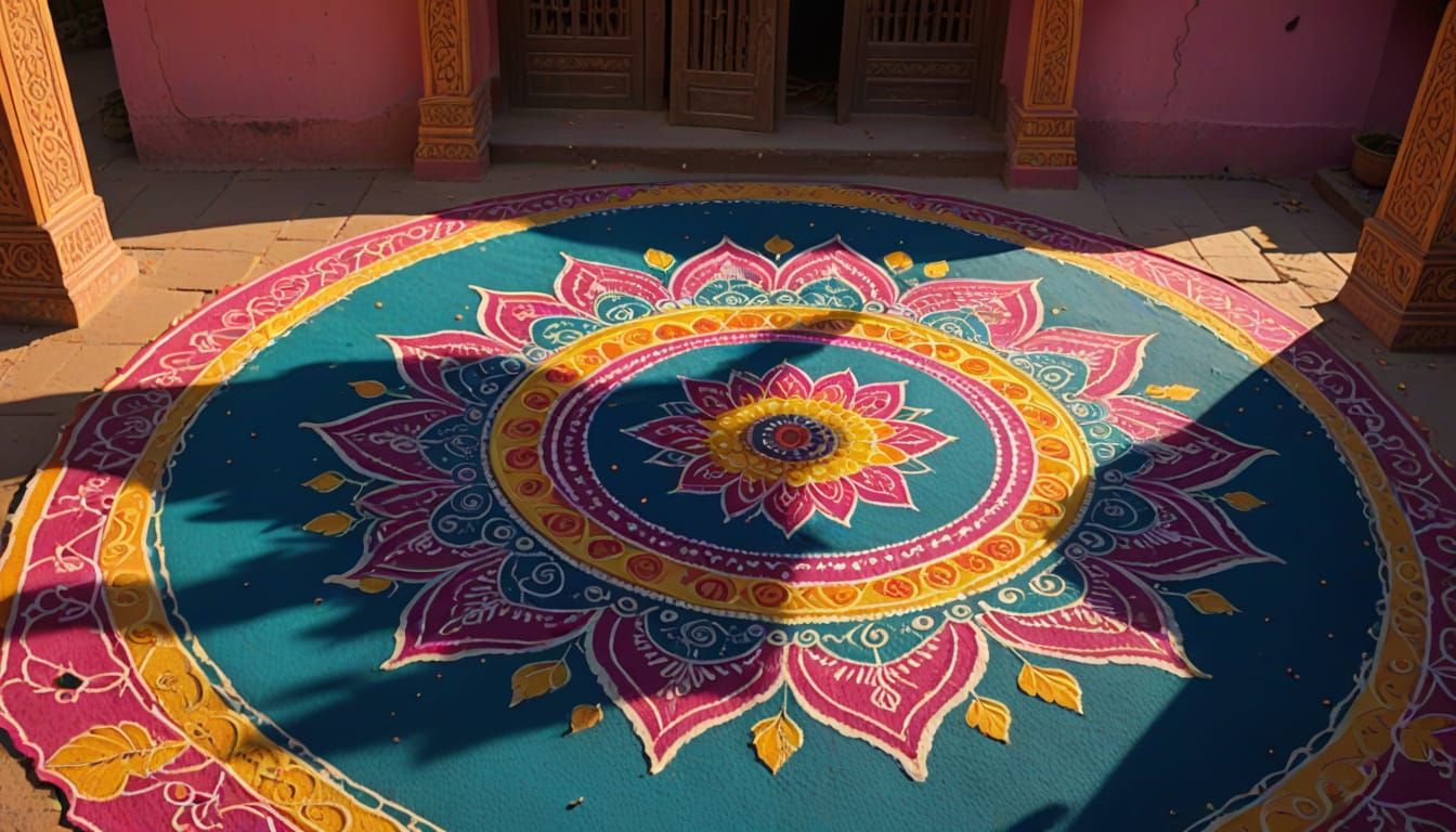 Intricate Indian Folk Art Rangoli Patterns in Warm Sunset Hu...