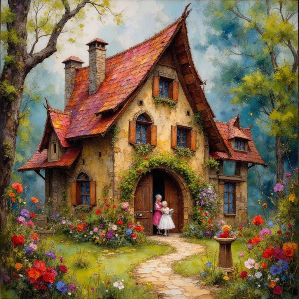 Hansel and Gretel at Gingerbread House in Summer Colors
