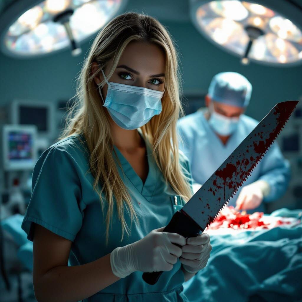 Bloody Nurse with Saw in Surgical Room Hyperrealistic Style