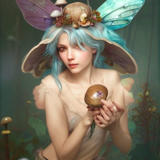 Mushroom Fairy Portrait in Art Nouveau Style