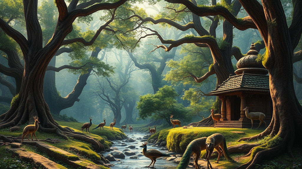 Mystical Forest Realm with Towering Trees and Wildlife