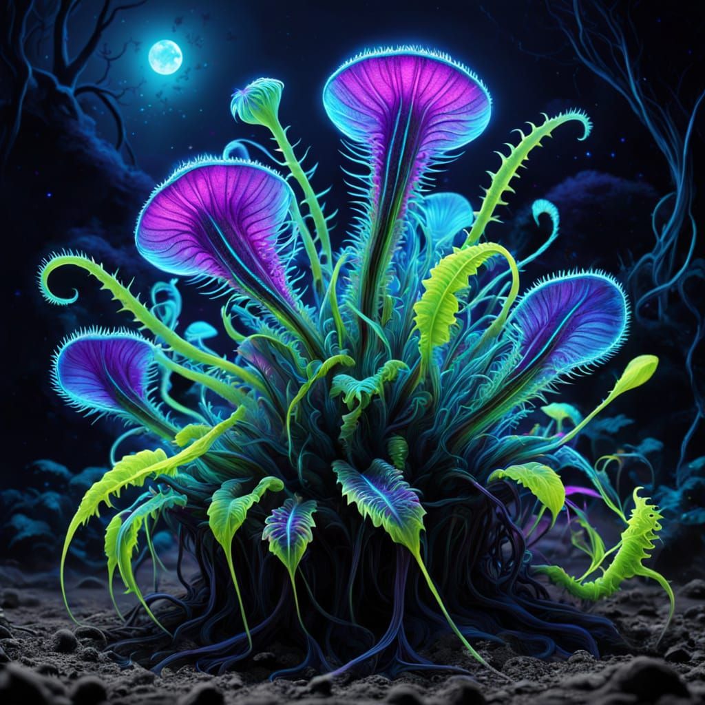 Glowing, Iridescent Venus Flytrap in Ethereal, Neon Landscap...