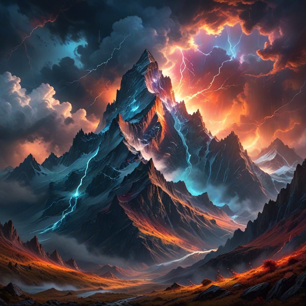 Epic Fantasy Mountains Under Prismatic Storm Clouds