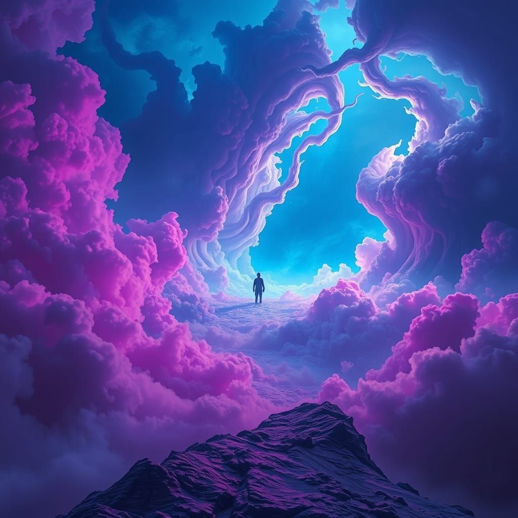 Surreal Dreamscape with Swirling Clouds and Lone Figure