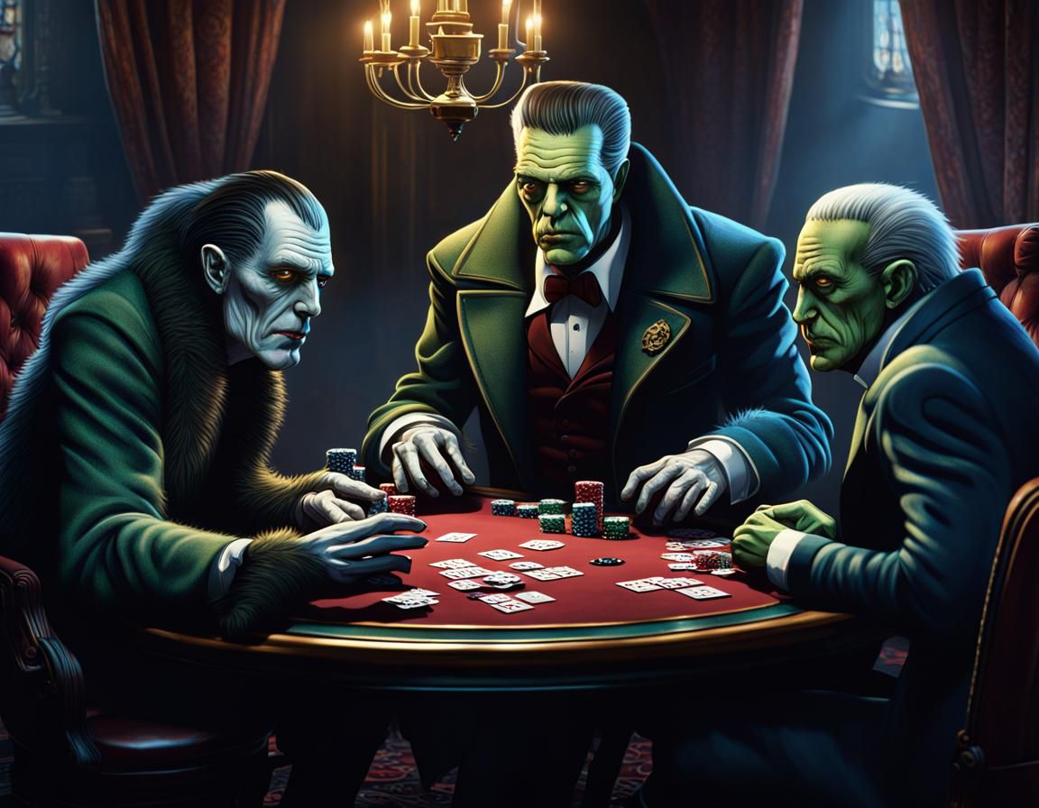 Universal Monsters Playing Poker, Detailed Digital Art