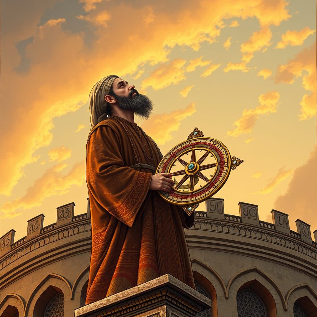 Islamic Scholar Gazing Skyward from Ornate Tower