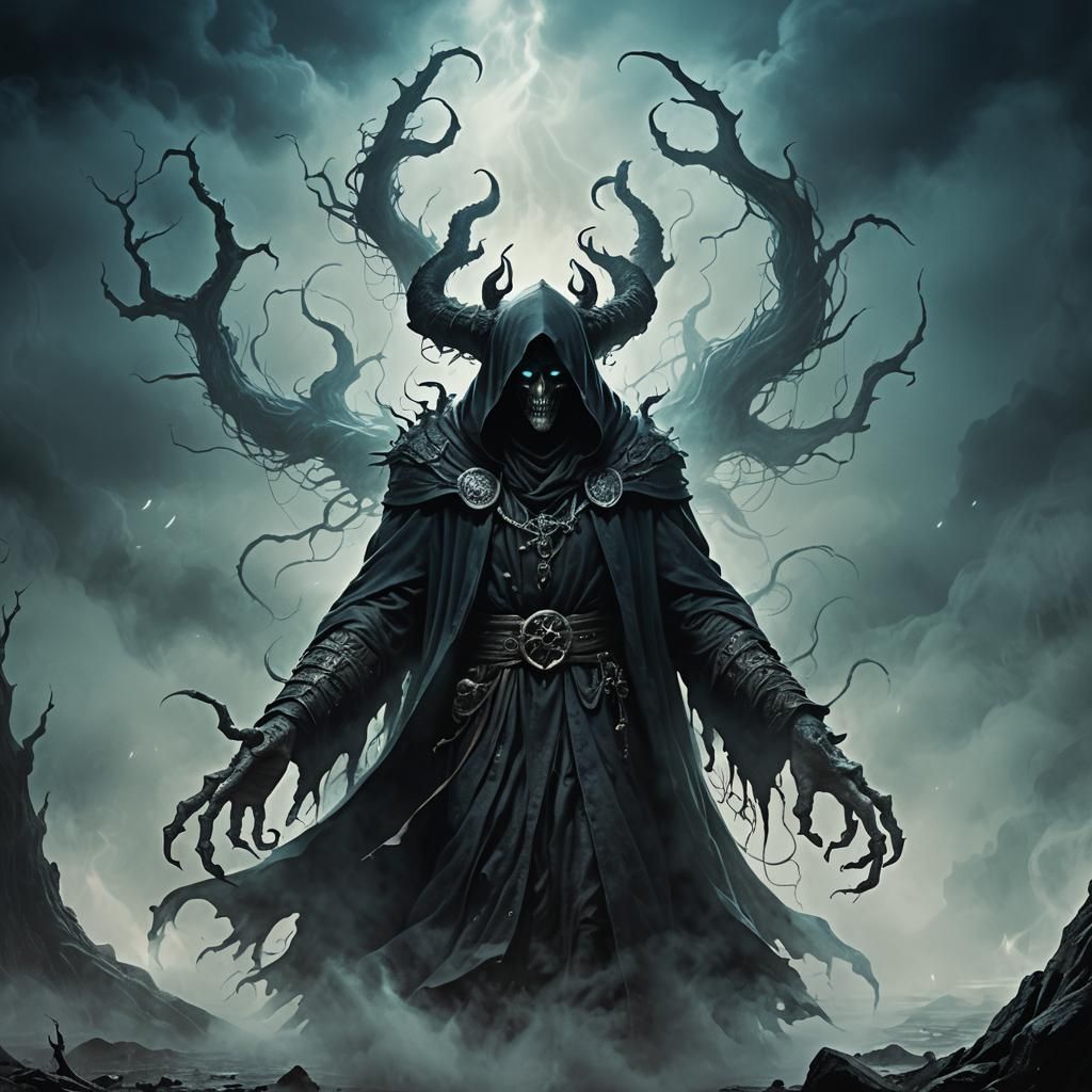 Eerie Four-Armed Monster in Misty Dark Fantasy Art