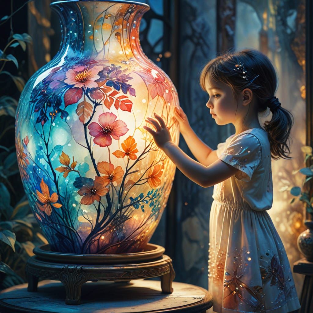 Child Repairs Giant Vase with Glowing Light in Retro-Futuris...