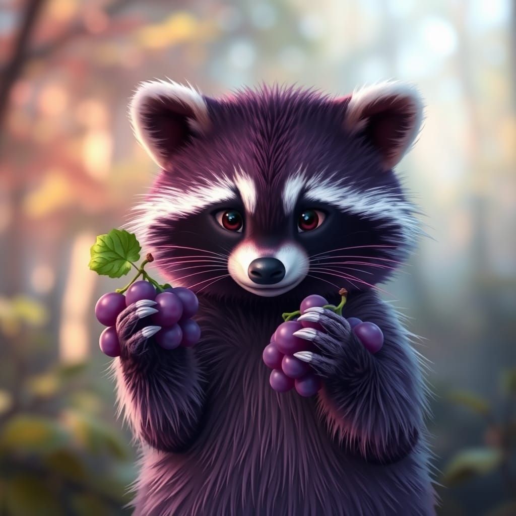 Adorable Purple Raccoon with Grapes in Forest