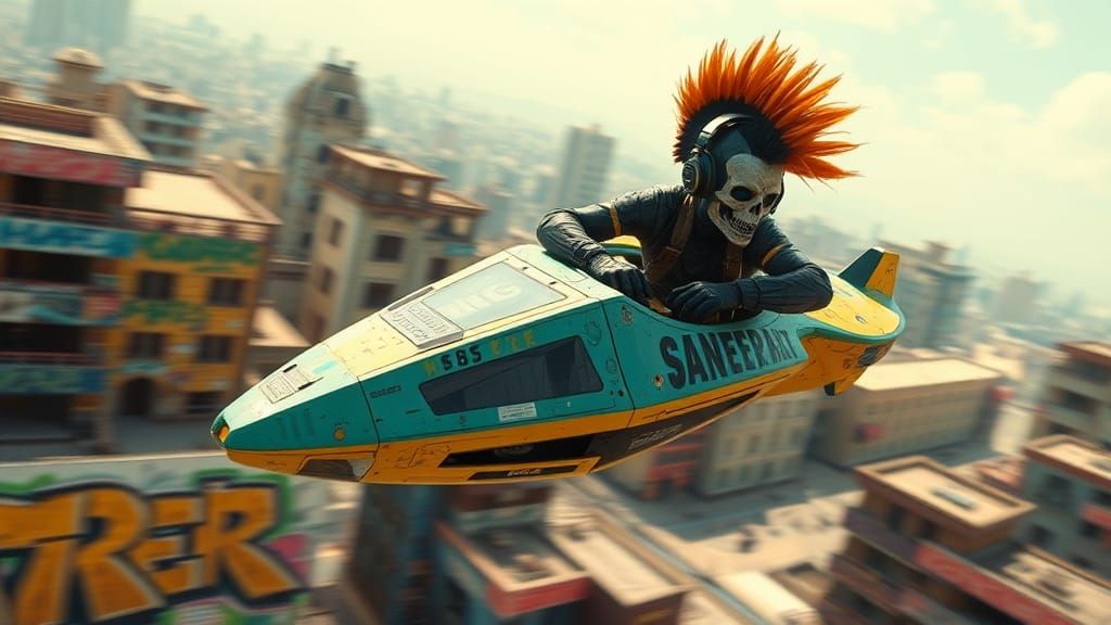 Cyberpunk with Mohawk on Hover-Vehicle in Brutalist City