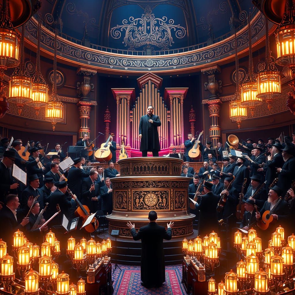 Surreal Rabbi Rosenblatt Performs Amidst Hasidic Men in a Dr...