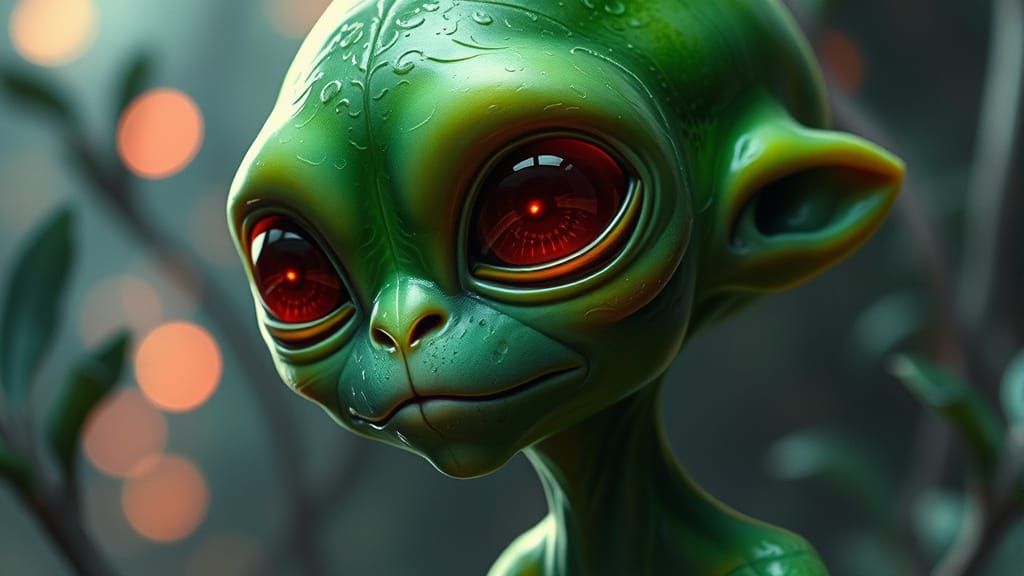 Cute Green Alien with Red Eyes in Pop-Surrealism Style