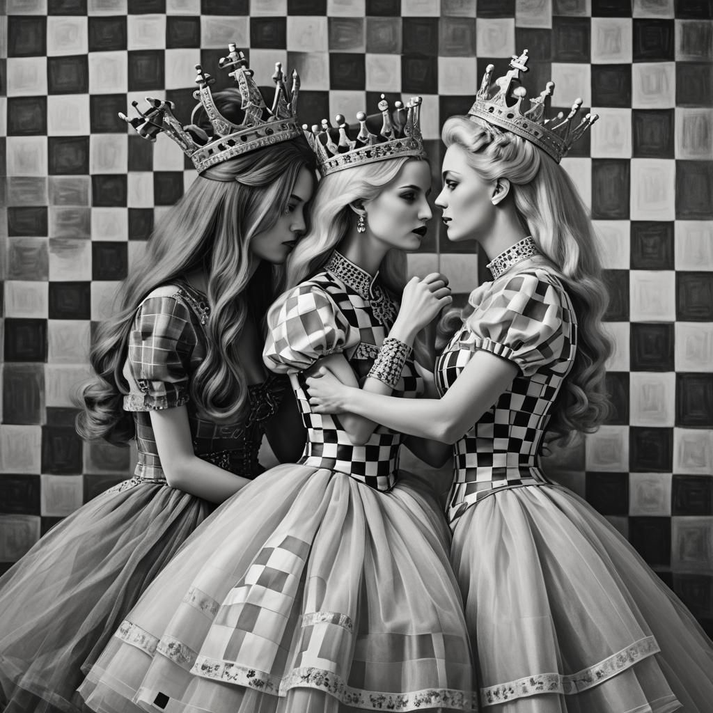Chess Queens in Tulle Gowns Whispering Secrets