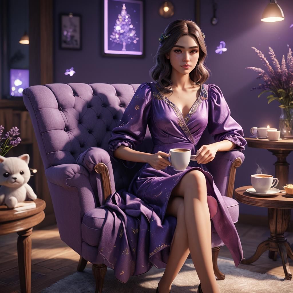 Girl in Purple Dress Enjoying Morning Coffee