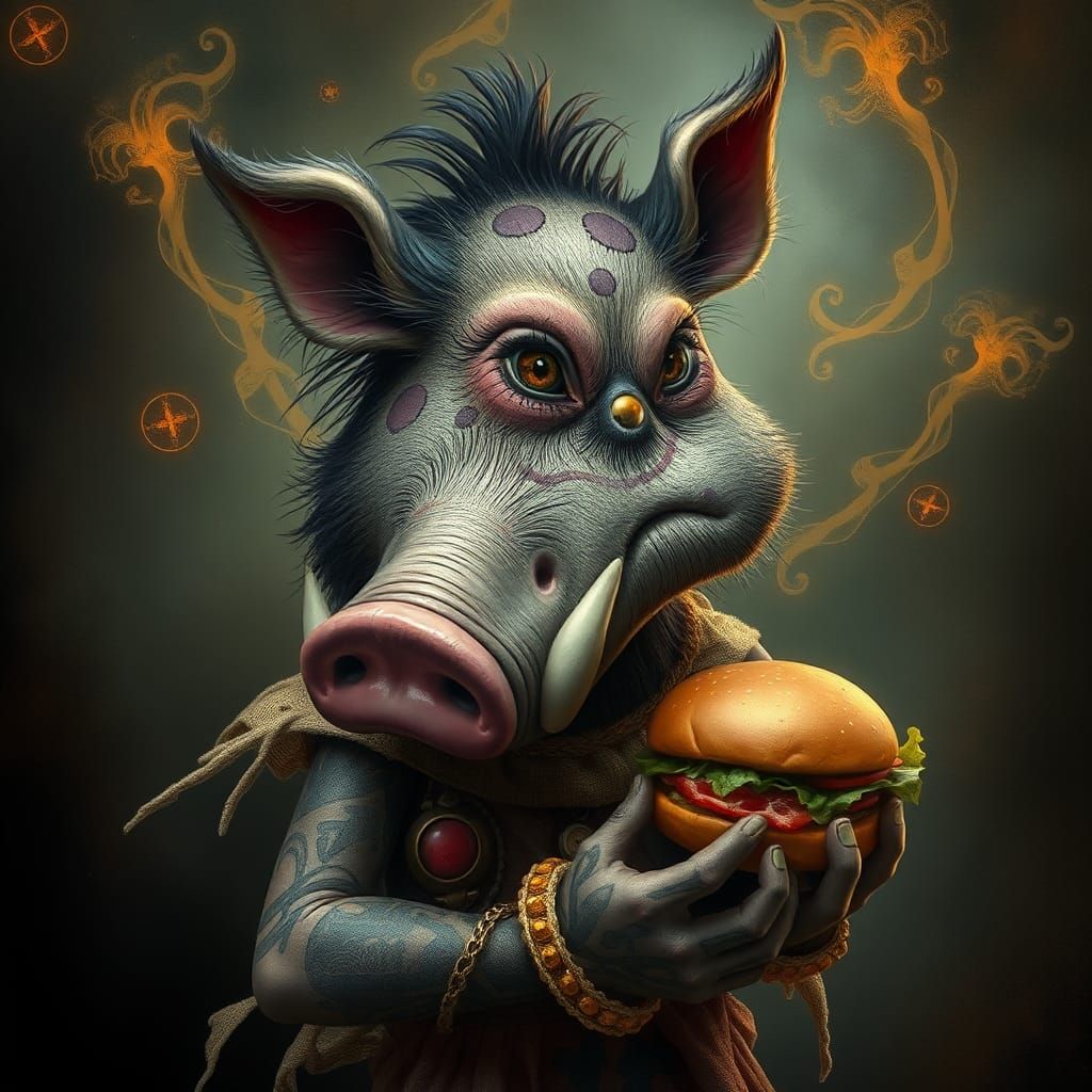 Anthropomorphic Boar Scarecrow with Magical Elements