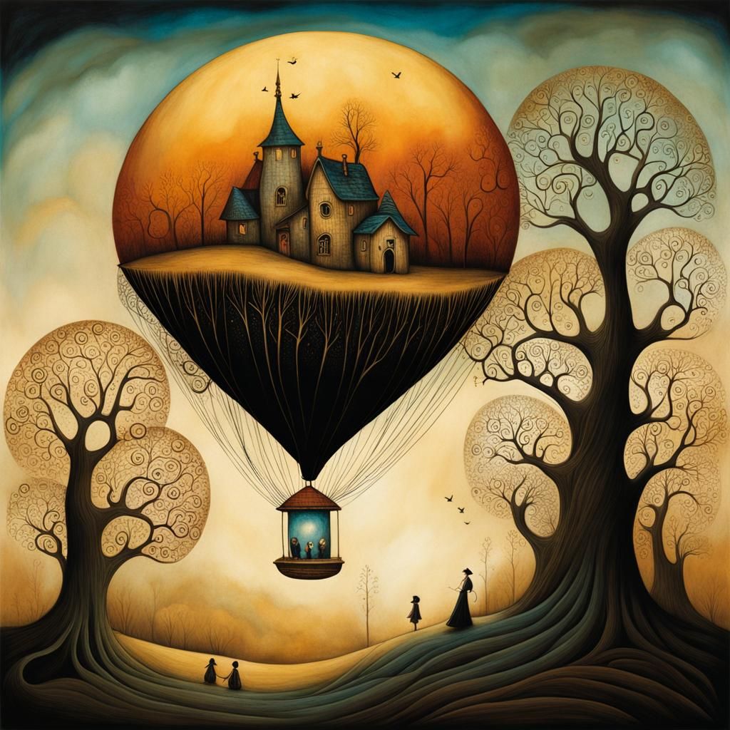 Whimsical Dreamscape in Surrealist Ink Illustration Style