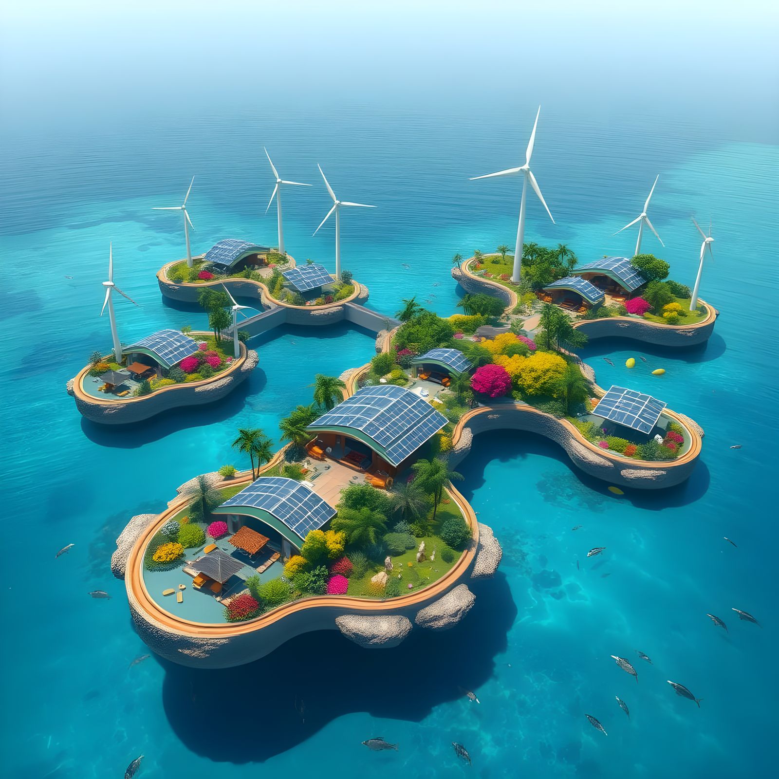 Surreal Solarpunk Floating Utopias with Lush Greenery and So...