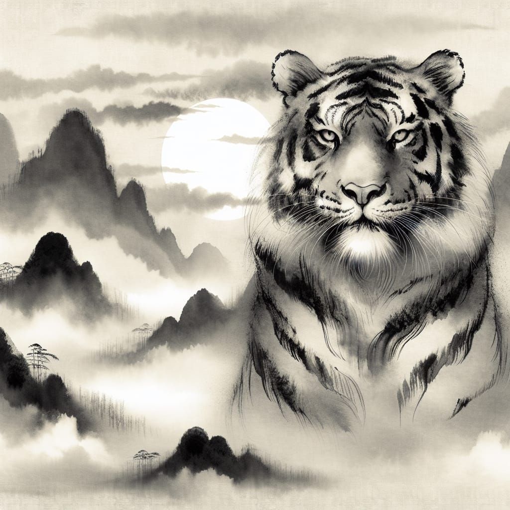 Tiger Portrait in Ancient Chinese Ink Wash Style
