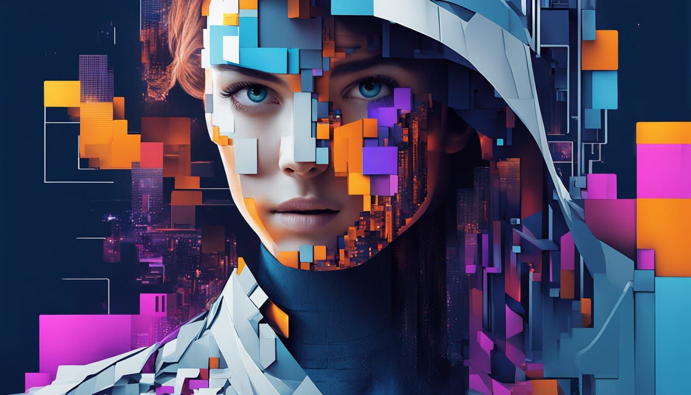 Futuristic Woman Portrait with Glitch Effects in Cyberpunk S...